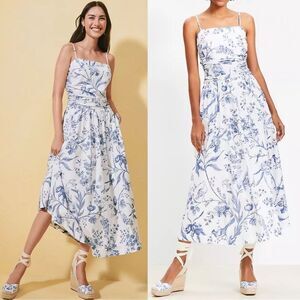 Loft Bird Toile Strappy Midi Pocket Dress NEW Size 8P Blue White Floral Cotton